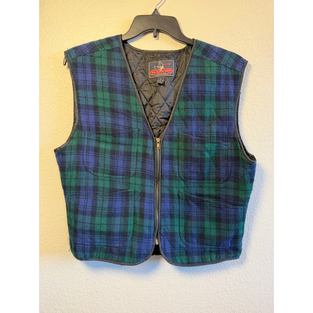 Backpacker Sportswear Mens Plaid Quilted Lined Zip Up Vest Green Blue Medium